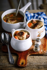 Polish pierogi soup.. Traditional Polish dish..style rustic.