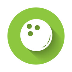 White Bowling ball icon isolated with long shadow. Sport equipment. Green circle button. Vector Illustration.
