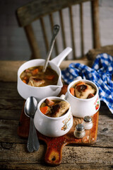 Polish pierogi soup.. Traditional Polish dish..style rustic.