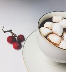 Fototapeta na wymiar Chocolate with marshmallows in the cup, white background