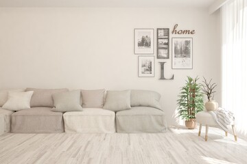 White living room with sofa. Scandinavian interior design. 3D illustration