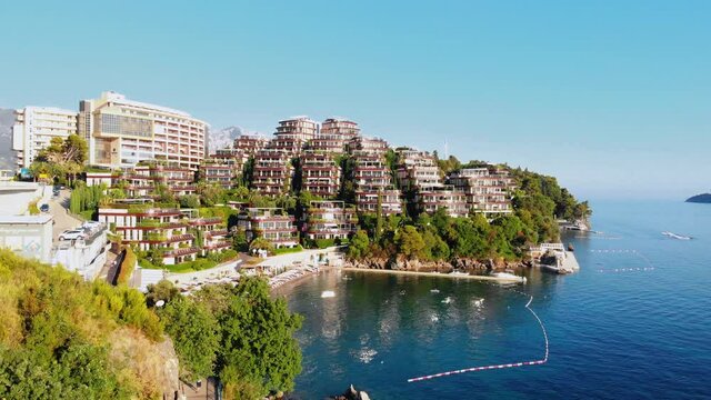 The view of Becici Budva, Montenegro. Drone aerial video