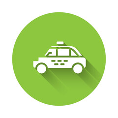 White Taxi car icon isolated with long shadow. Green circle button. Vector.