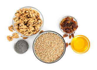 Ingredients for traditional kutia on white background, top view