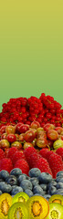 Vertical banner with different fresh healthy fruits and berries kiwifruit, blueberries, raspberries, gooseberries at green yellow  gradient background with copy space. Concept healthy diet and food.