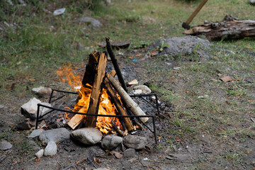 A bonfire made of twigs, for cooking