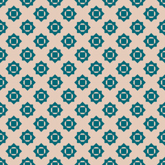 Abstract geometric floral seamless pattern. Elegant vector background. Simple geometrical ornament. Graphic texture with flower shapes, diamonds. Teal and beige color. Repeat design for print, fabric