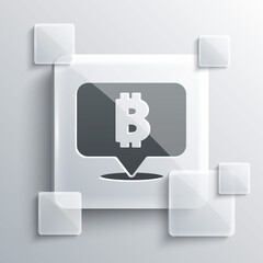 Grey Cryptocurrency coin Bitcoin icon isolated on grey background. Physical bit coin. Blockchain based secure crypto currency. Square glass panels. Vector.