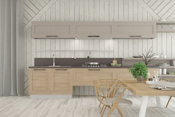 Wooden stylish minimalist kitchen. Scandinavian interior design. 3D illustration