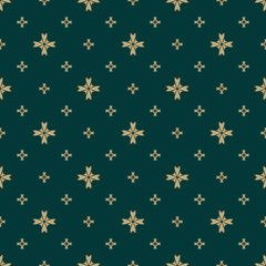 Golden vector seamless pattern with small flower shapes, stars, crosses. Simple floral geometric background. Abstract minimal dark green and gold texture. Luxury repeat design for decor, wallpapers