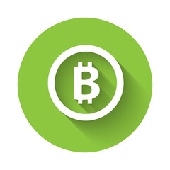 White Cryptocurrency coin Bitcoin icon isolated with long shadow. Physical bit coin. Blockchain based secure crypto currency. Green circle button. Vector.