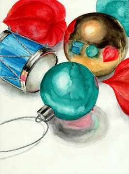 Watercolor illustration of some Christmas decorations such as Christmas balls, a toy drum and a few red physalis fruits