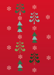 Greeting card, cover with a scattering of snowflakes and stylized fir trees on A red festive background for Christmas and new year holidays, vector
