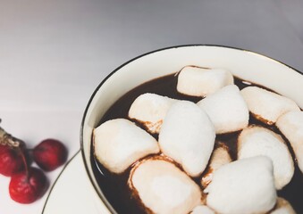 Chocolate with marshmallows in the cup, white background
