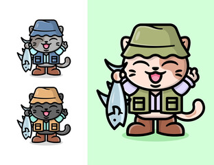 CUTE LITTLE CAT WEARING FISHING OUTFIT AND BRING A BIG FISH CARTOON ILLUSTRATION