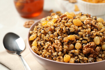 Traditional Christmas slavic dish kutia in bowl, closeup