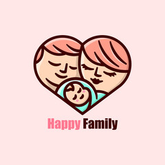 AN HAPPY FAMILY FATHER, MOTHER, AND BABY IN A HEART SHAPE CARTOON LOGO