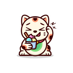 Fototapeta premium CUTE JAPANESE LUCKY CAT EATING A CUP OF ICE CREAM AND GET BRAIN FREZZING CARTOON LOGO