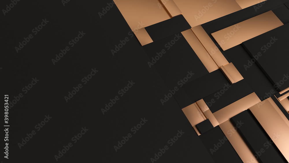 Poster black and golden tessellated rectangular surface. abstract background with fragmented tiles. 3d illu