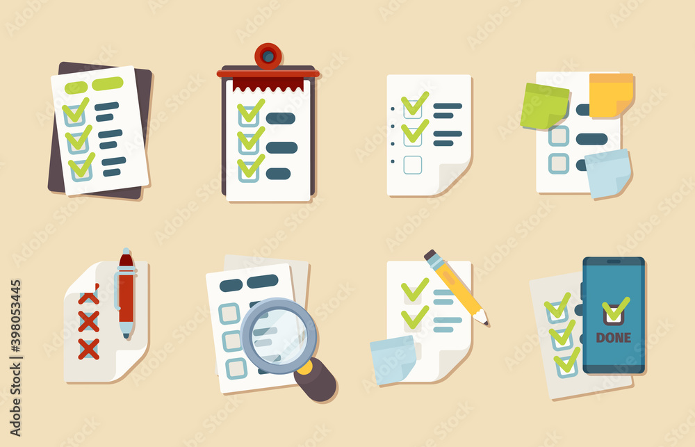 Poster checklist icons. notepad schedule customer marks research clipboard vector business checklist collec