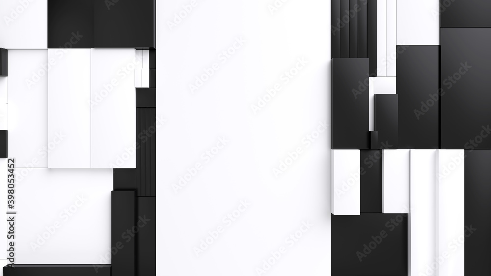 Poster black and white tessellated rectangular surface. abstract background with fragmented tiles. 3d illus