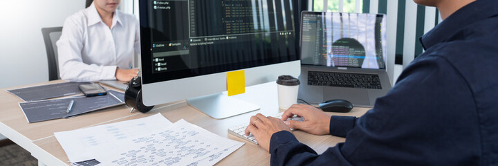 Asian Outsource Software engineer Developer Team Working Code to find solution to problem In Modern Office, Startup business group working as team concept.