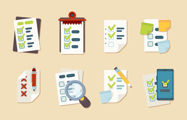 Checklist icons. Notepad schedule customer marks research clipboard vector business checklist collection. Illustration checklist and check clipboard © ONYXprj