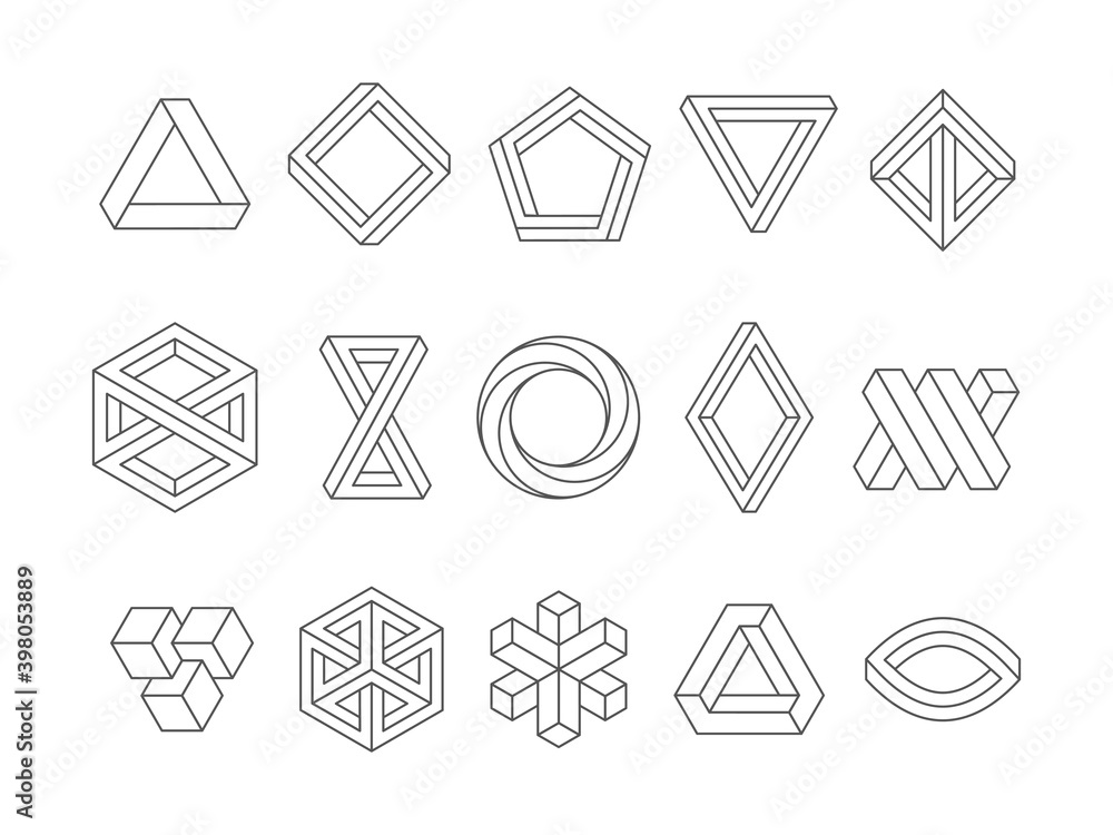 Poster illusion shapes. 3d geometrical infinity loop triangles hexagon impossible perspective vector abstra