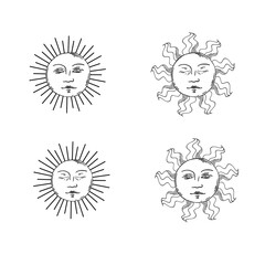 Hand drawn linear vector illustration of suns. Magical outline clipart for logo, print, card, textil design. Alchemy, magic, esoteric, occult.