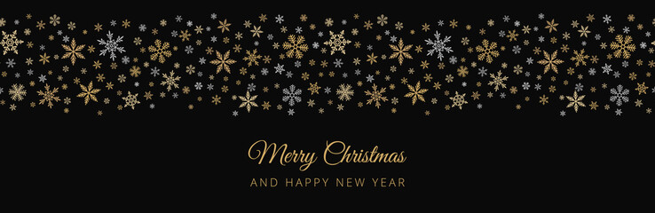 Fototapeta na wymiar Snowflake border background. Vector seamless pattern with small gold and silver snowflakes on black. Merry Christmas and Happy New year header. Design template for banner, greeting card, website