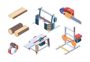 Lumber isometric. Sawmill items and workers wood workman vector isometric collection. Illustration logging and hardwood service, material stock