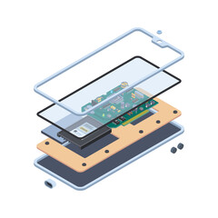 Smartphone hardware. Isometric layers of inside touch screen gadgets or tablet pc motherboard mobile vector repair service concept. Smartphone hardware, screen equipment innovation illustration