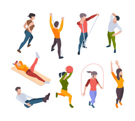 Fototapeta na wymiar Home workout. Active people making sport exercises alone online broadcasting fitness and yoga activities vector isometric. Illustration activity workout exercise, people training