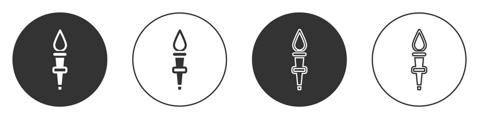 Black Torch flame icon isolated on white background. Symbol fire hot, flame power, flaming and heat. Circle button. Vector.