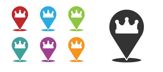 Black Location king crown icon isolated on white background. Set icons colorful. Vector.