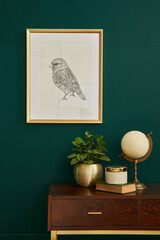 Luxury interior with stylish wooden commode, gold mock up poster frame, plants, book, decoration...