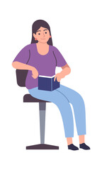 Woman reader. Female reading modern literature sitting with book, smart student girl study knowledge with textbook, self education and library vector cartoon isolated illustration