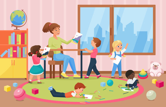 Happy kids artists and teacher vector illustration. Cartoon painter children characters painting, holding artworks to show young woman teacher, drawing with pencil in kindergarten interior background