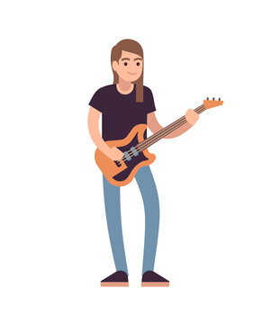 Rock or pop musician with guitar. Guitarist musical performance, male artist standing in casual clothes with musical instrument and plays melody flat vector cartoon isolated illustration