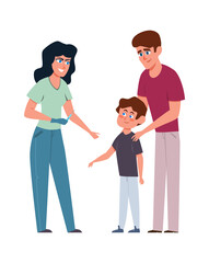 Kids vaccination. Female doctor and little boy with father in medical clinic, pediatrician consultation about immunity, preventing infections, protection from disease vector concept