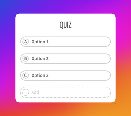 Question sticker for typing answers. Quiz option social media interface mockup, select and guess buttons, frame on bright gradient background, windows with empty lines web design vector template
