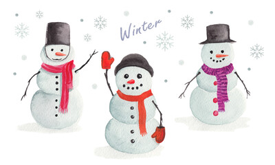 Hand drawn watercolor set of snowmen isolated on a  white background. Winter illustration. Christmas Holidays motive.