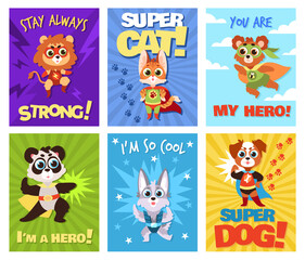 Hero animals cards. Children brave zoo superheroes with capes and masks, cute baby characters with greeting phrases collection. Comic whoops speech bubbles cartoon vector kids posters set