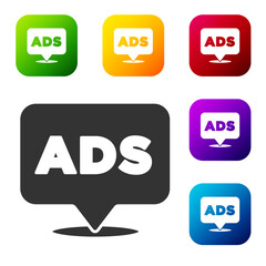 Black Advertising icon isolated on white background. Concept of marketing and promotion process. Responsive ads. Social media advertising. Set icons in color square buttons. Vector.