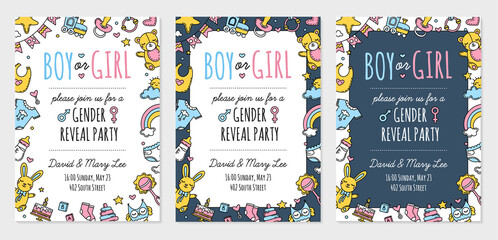 Gender reveal party invitation template. Baby shower, boy or girl. Vector postcard with Doodle icons.