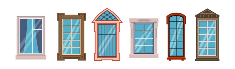 Cartoon windows frames. Colorful various wooden and plastic office, home or store window, outdoor front view building collection, modern and classic exterior flat vector isolated set