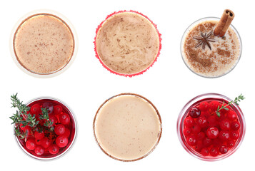 Set of tasty cocktails with liqueurs isolated on white, top view