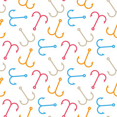 Bright colorful multicolored double fishing hooks isolated on white background. Cute seamless pattern. Vector flat graphic illustration. Texture.
