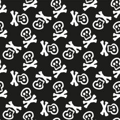 Fototapeta premium White skulls and bones isolated on black background. Cute monochrome seamless pattern. Vector flat graphic hand drawn illustration. Texture.