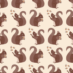 Fototapeta premium Cute squirrel with acorns seamless pattern background. Red brown woodland animals juggling and holding nuts on neutral cream color backdrop. Forest wildlife design. Hand drawn modern all over print